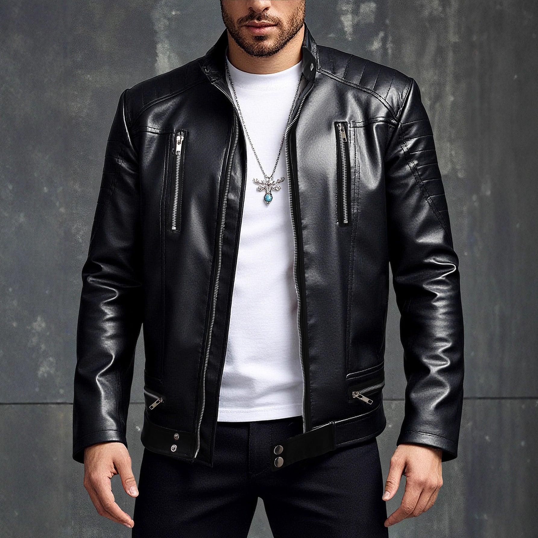 Herren modische Kunstlederjacke mit abnehmbaren Taschen Echoarchiv