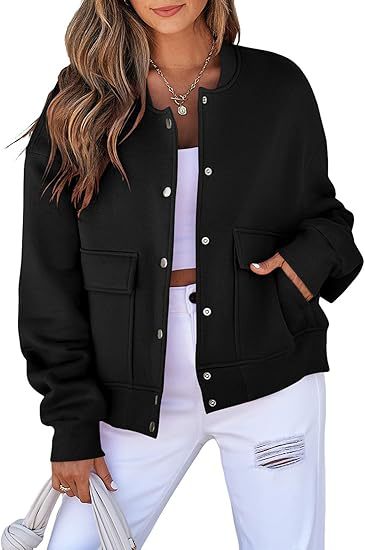 Damen lässige Oversize-Bomberjacke aus Sweatstoff mit Druckknopfleiste und aufgesetzten Taschen Echo Archiv