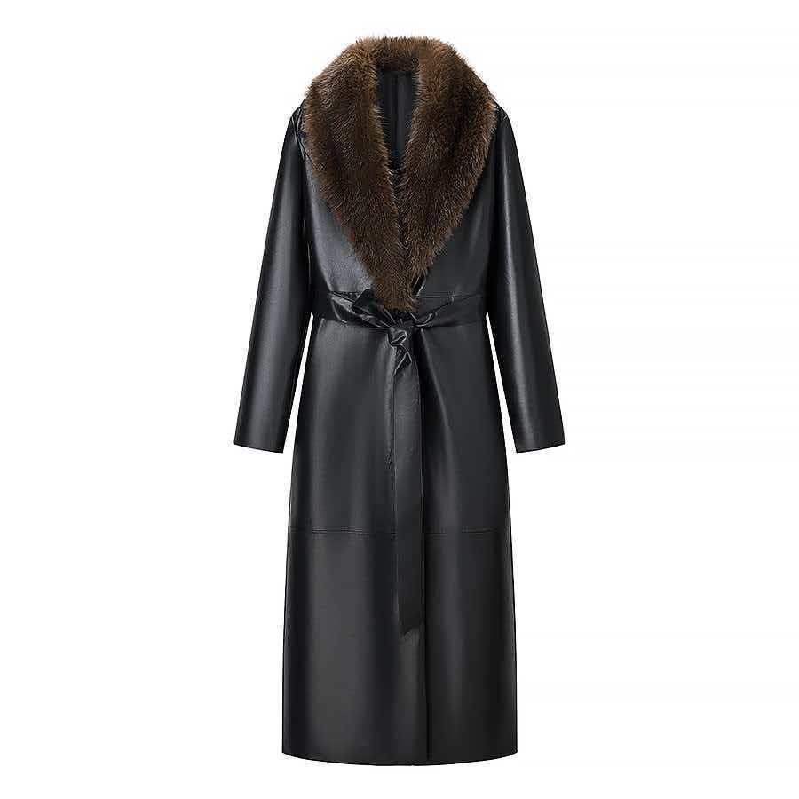 Damen Langer Ledermantel mit abnehmbarem Fellkragen und minimalistischer Silhouette Echo Archiv