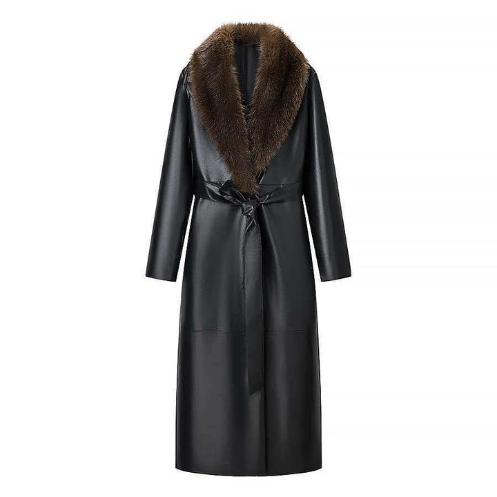 Damen Langer Ledermantel mit abnehmbarem Fellkragen und minimalistischer Silhouette Echo Archiv