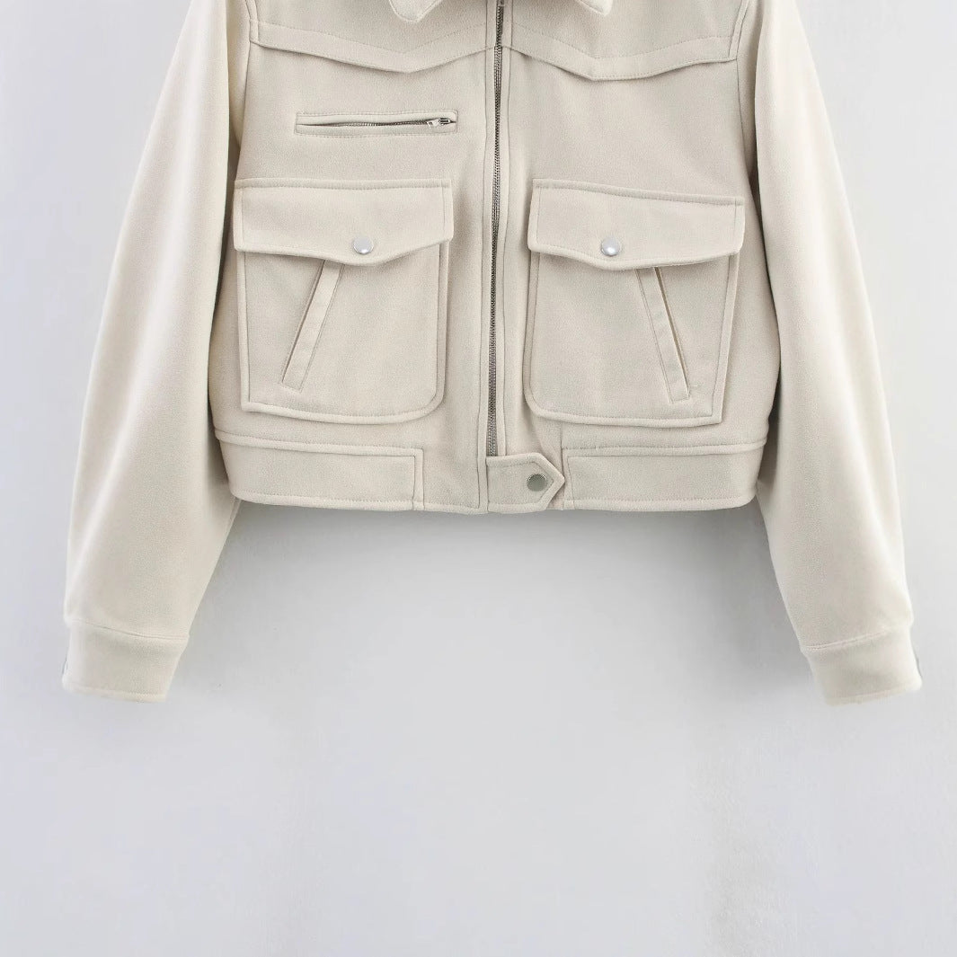 Damen cropped Fieldblouson mit Schulterklappen, großen Pattentaschen und mittiger Reißverschluss – Célinea