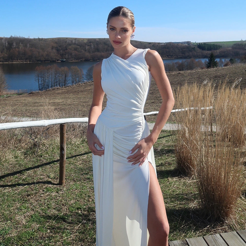 Damen Elegantes langes Kleid mit drapiertem Rock und seitlichem Schlitz Echo Archiv