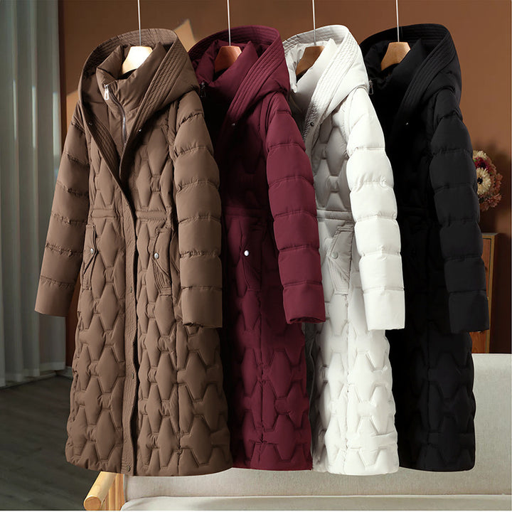 Damen nan langer gesteppter Mantel mit Wabenquilt, Kapuze und taillierter A-Linie Echo Archiv