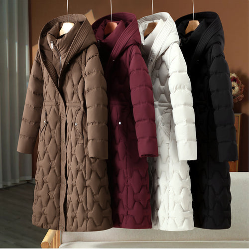 Damen nan langer gesteppter Mantel mit Wabenquilt, Kapuze und taillierter A-Linie Echo Archiv