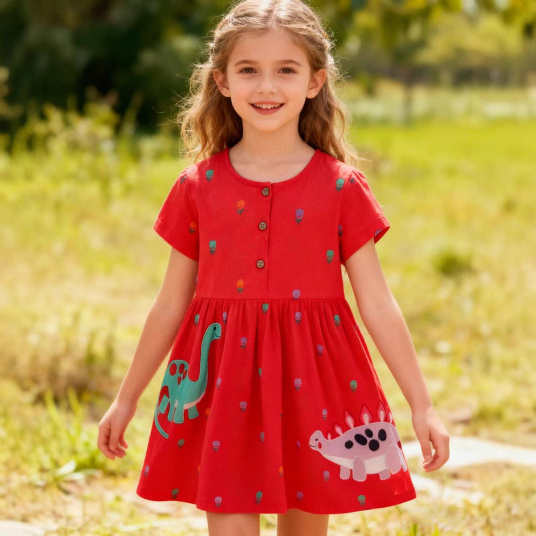 Mädchen Freizeitkleid mit bunten Dinosaurier-Applikationen Echo Archiv