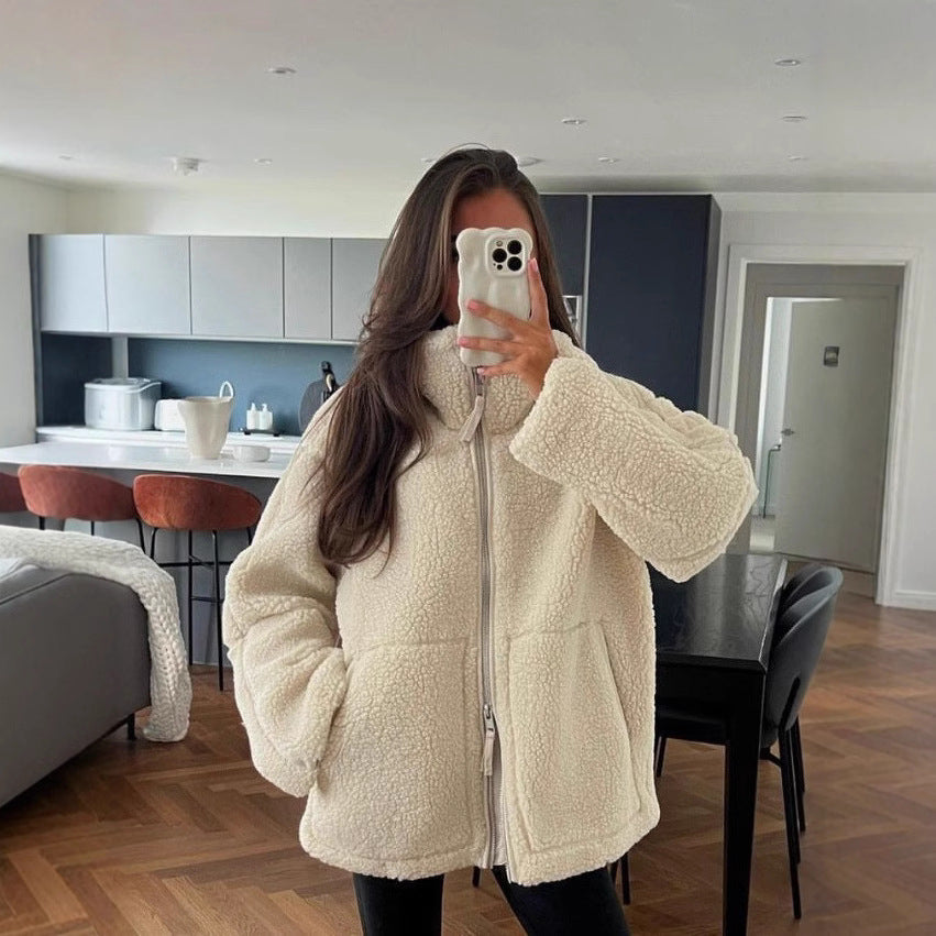 Damen Oversize Teddy-Fleece Jacke mit Reißverschluss und Stehkragen Echoarchiv