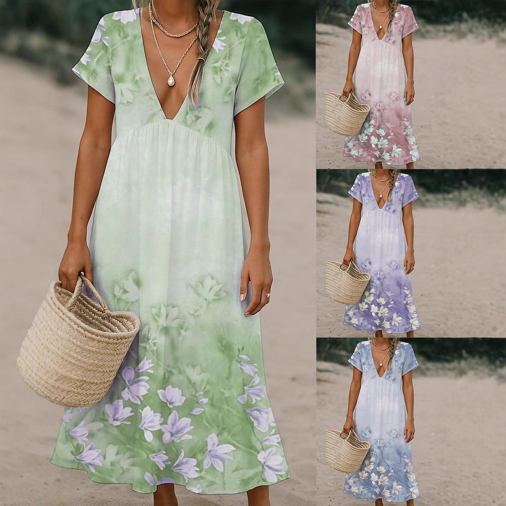 Damen Fließendes Maxi-Kleid mit tiefem V-Ausschnitt und floralem Muster Echo Archiv