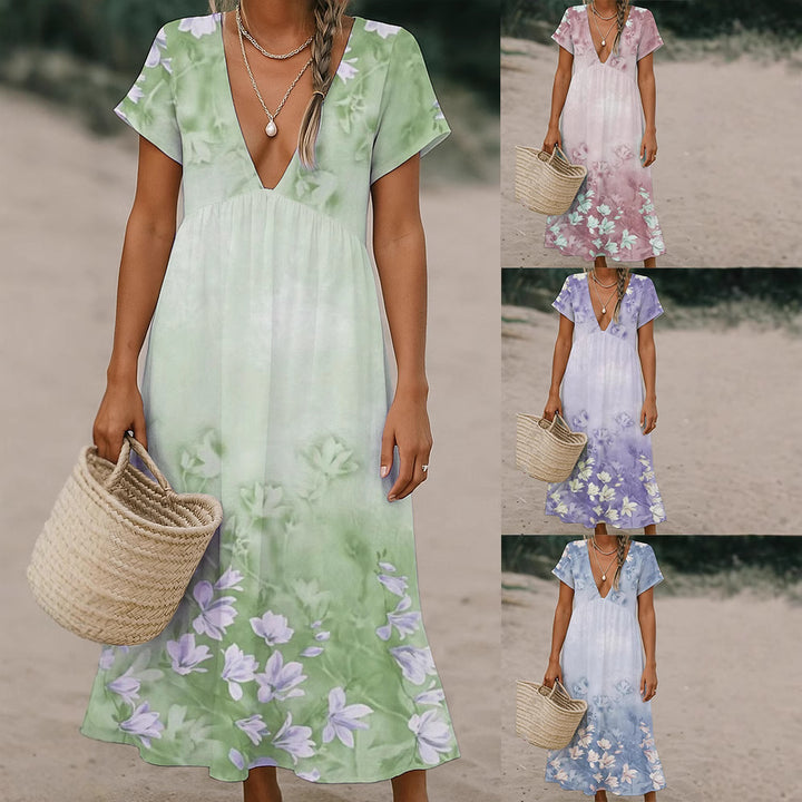 Damen Fließendes Maxi-Kleid mit tiefem V-Ausschnitt und floralem Muster Echo Archiv