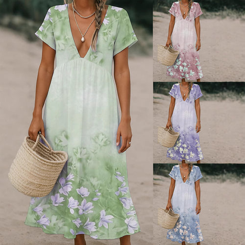 Damen Fließendes Maxi-Kleid mit tiefem V-Ausschnitt und floralem Muster Echo Archiv