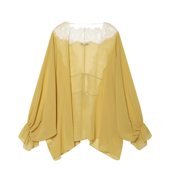 Damen transparente Chiffon-Kimono-Bluse mit feiner Spitzenkante, Kordelbindung und gerafften Ärmeln – Élovi