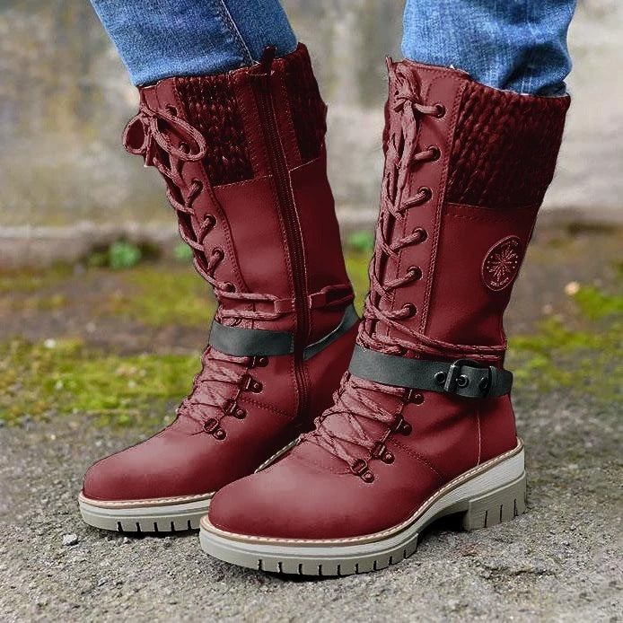 Damen nan gefütterte Schnürstiefel mit gestricktem Schaftbund, dekorativem Schnallenriemen und profilierter Gummisohle Echo Archiv