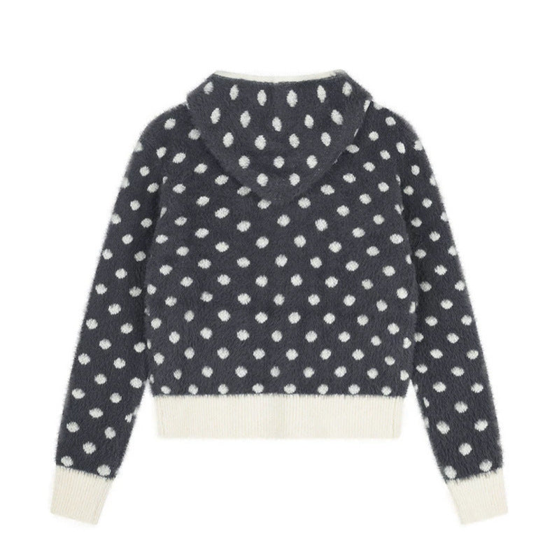 Damen Flauschige Kapuzen‑Zipjacke mit Polka‑Dot‑Jacquard und Eingrifftaschen Echoarchiv