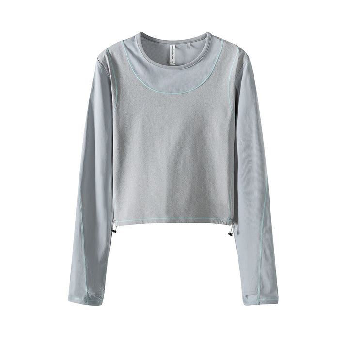 Damen Leichtes cropped Layering-Longsleeve mit Mesh-Ärmeln, Kontrastnähten und Kordelzug Echoarchiv