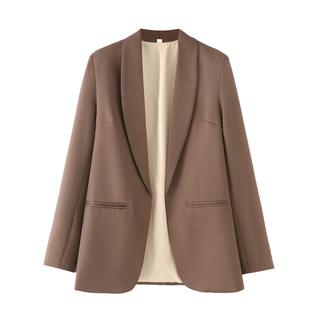 Damen eleganter Longblazer mit Schalkragen, unstrukturiertem Fall und paspelierten Leistentaschen – Valéne