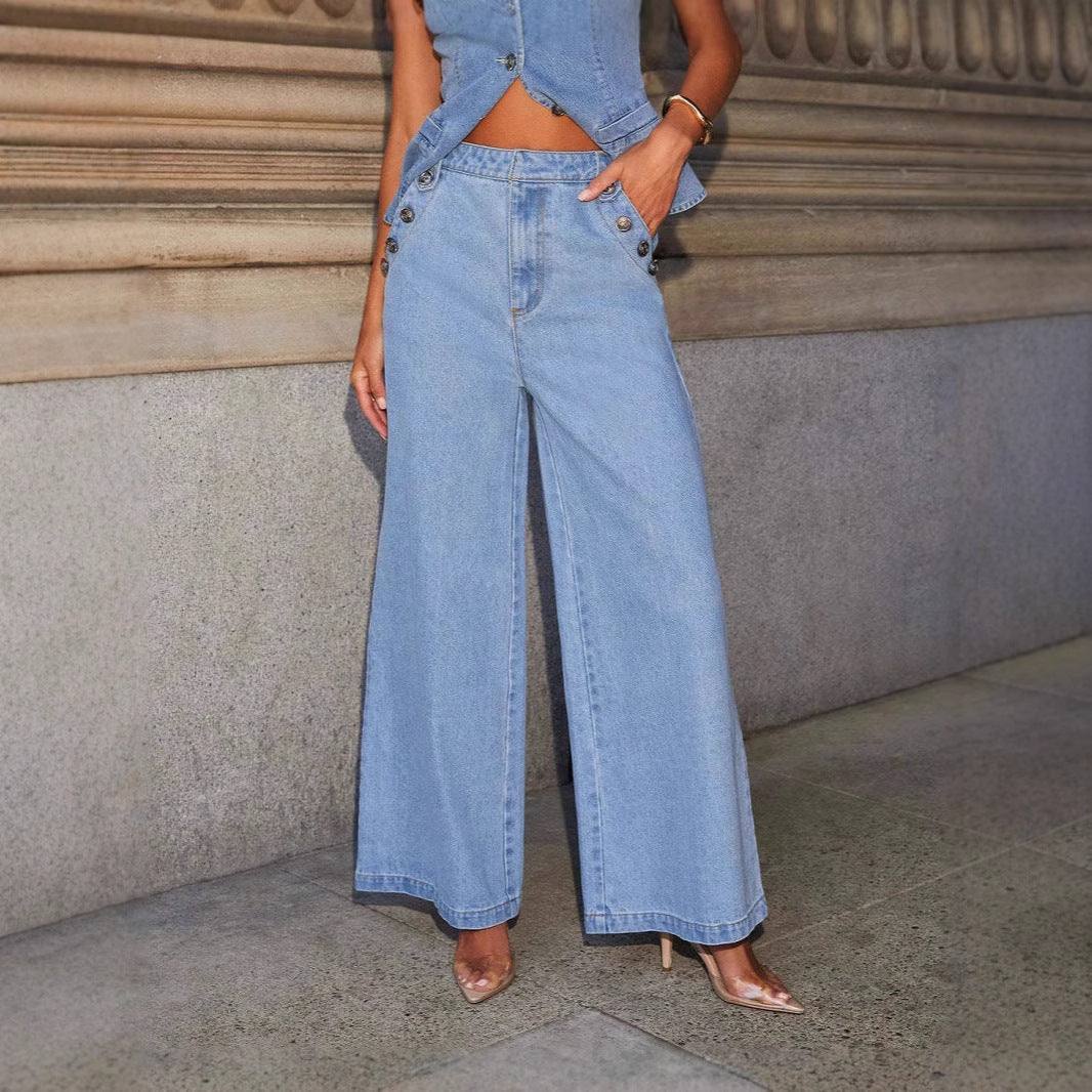 Damen nan weit geschnittene Highwaist Denimhose mit seitlicher Knopfleiste und weitem Bein Echo Archiv
