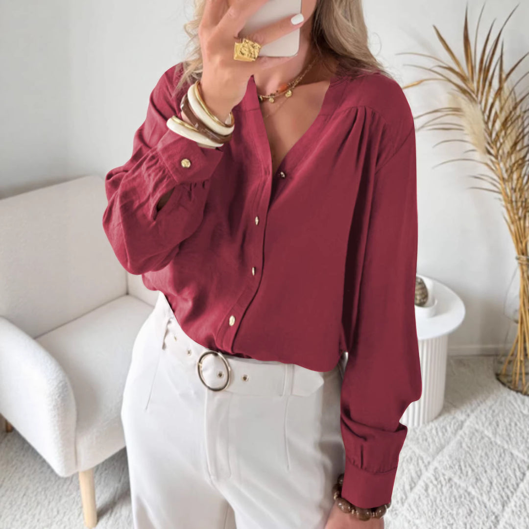 Damen Bluse mit V‑Ausschnitt, geraffter Schulterpasse und Ballonärmeln – Élovi