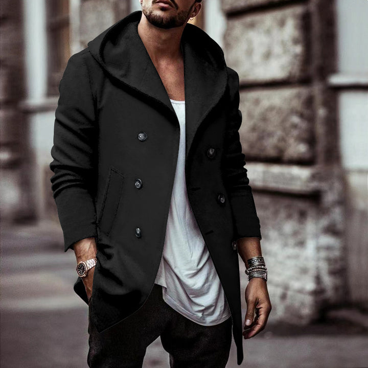 Herren modische Doppelreiherjacke mit Kapuze und eleganten Details Echoarchiv