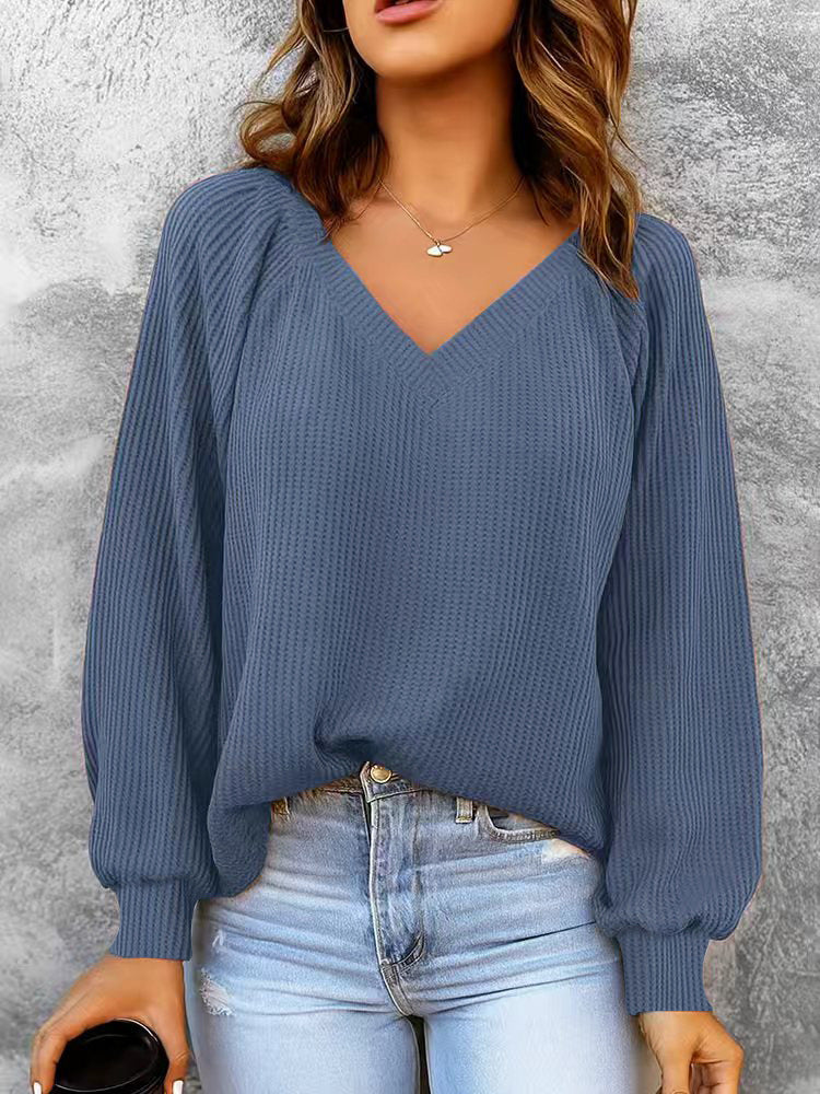 Damen Feinstruktur-Strickpullover mit V-Ausschnitt, Ballonärmeln und Rippbündchen – Mavelle
