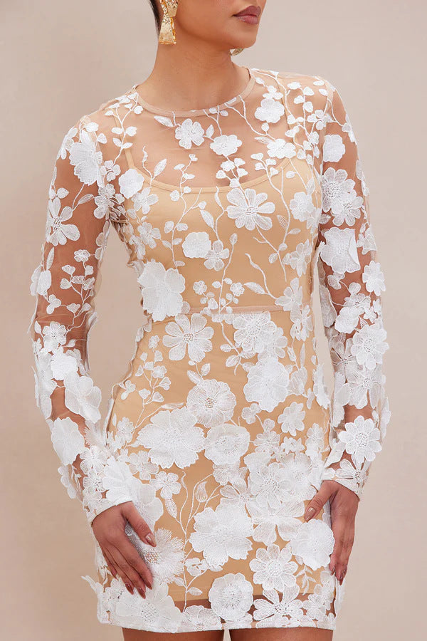Damen Spitzenkleid mit floralen Applikationen und langen Ärmeln Echo Archiv