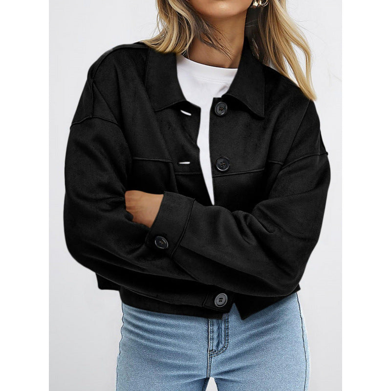 Damen kurze Wildleder-Optik Jacke mit aufgesetzten Taschen und Hemdkragen Echo Archiv