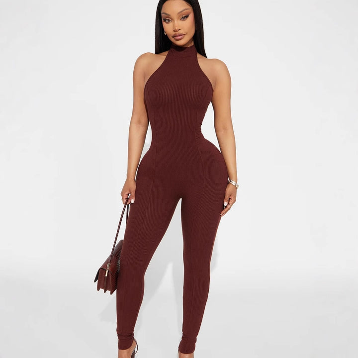 Damen figurbetonter Jumpsuit mit hohem Kragen und Rippstruktur Echo Archiv