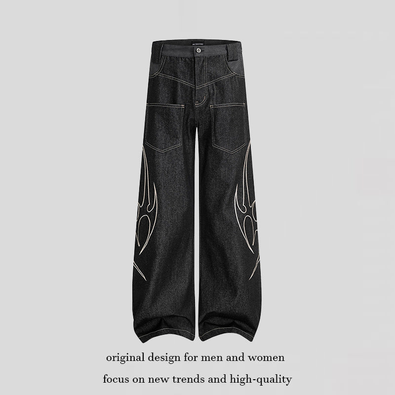 Damen Weite High‑Waist Denim‑Cargohose mit Flammenstickerei und aufgesetzten Taschen Echoarchiv