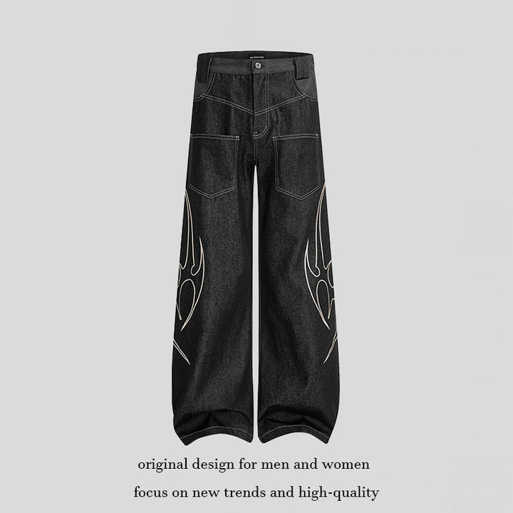 Damen Weite High‑Waist Denim‑Cargohose mit Flammenstickerei und aufgesetzten Taschen Echoarchiv
