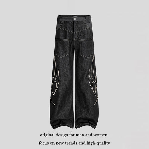 Damen Weite High‑Waist Denim‑Cargohose mit Flammenstickerei und aufgesetzten Taschen Echoarchiv