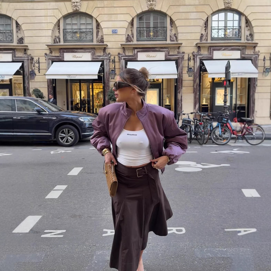 Damen Gepolsterte Cropped-Übergangsjacke mit Stehkragen, Ballonärmeln und elastischem Saum Echoarchiv