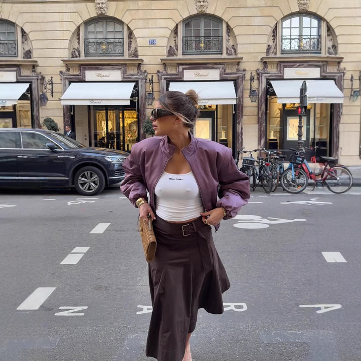 Damen Gepolsterte Cropped-Übergangsjacke mit Stehkragen, Ballonärmeln und elastischem Saum Echoarchiv