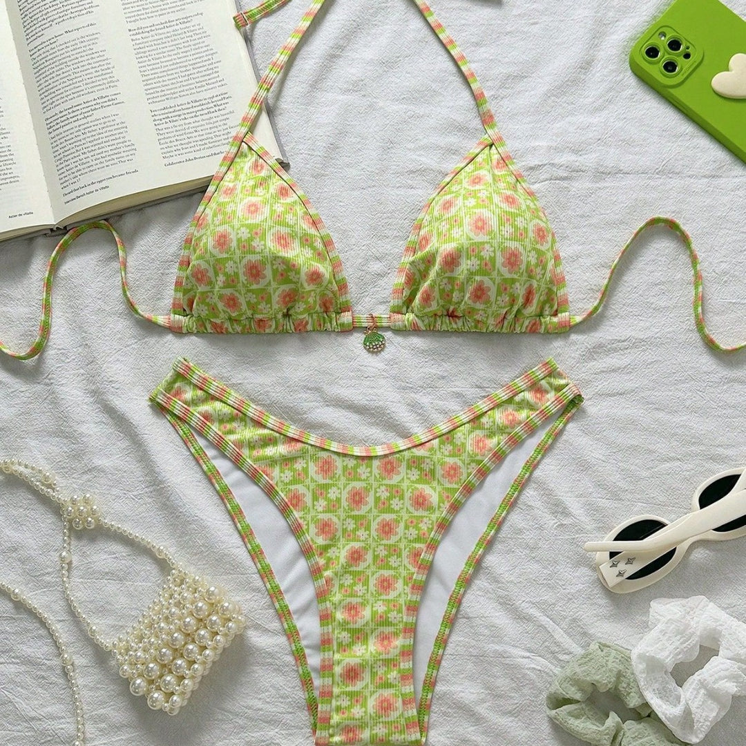 Damen Triangel-Bikini mit frischem Blumendruck und verstellbaren Trägern Echo Archiv