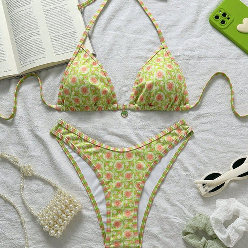 Damen Triangel-Bikini mit frischem Blumendruck und verstellbaren Trägern Echo Archiv