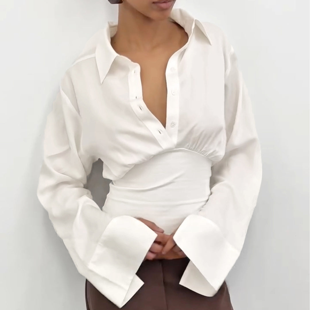 Damen nan taillierte Cropped-Bluse mit Hemdkragen und breitem Stretchbund Echo Archiv