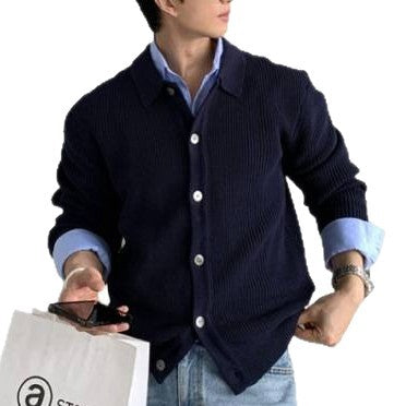 Unisex Grobgerippte Strickjacke mit Hemdkragen und durchgehender Knopfleiste Echoarchiv