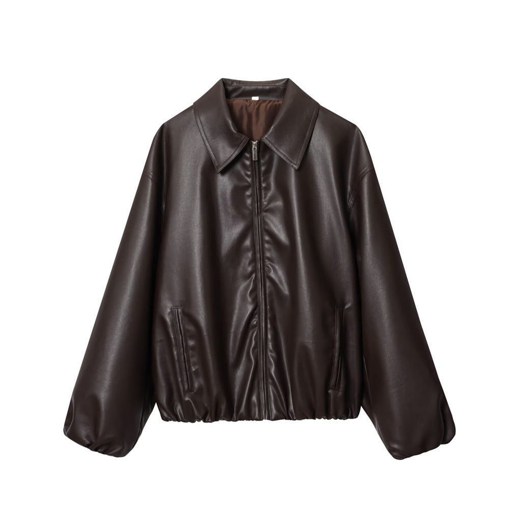 Damen Kurz geschnittener Oversize‑Blouson aus veganem Kunstleder mit Hemdkragen und elastischem Saum Echo Archiv