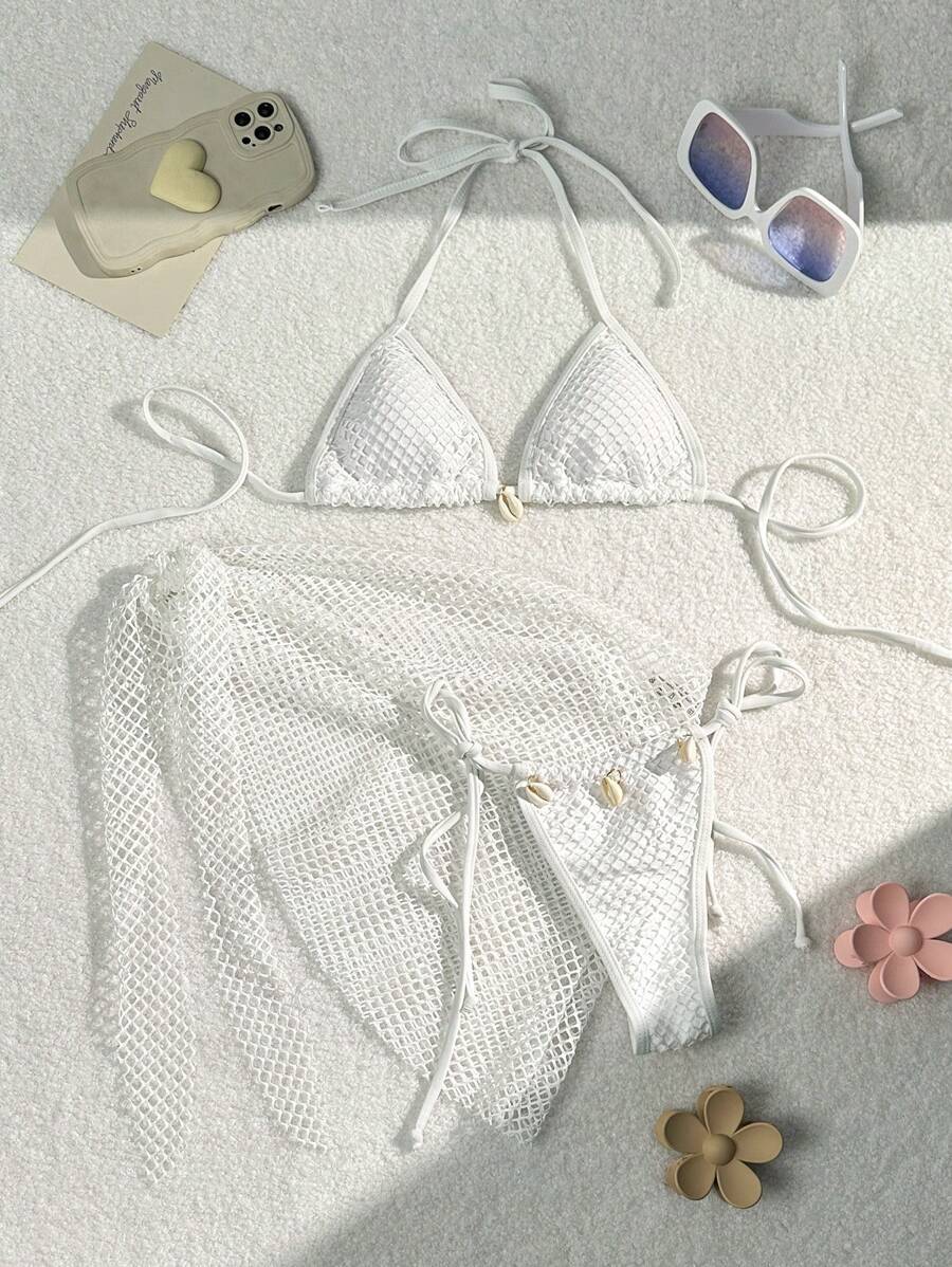 Damen Triangel-Bikini mit Netzeinsatz und dekorativen Muscheln Echo Archiv