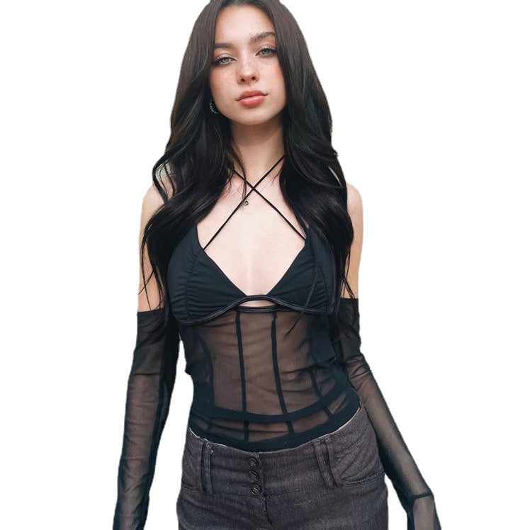 Damen Crop-Top mit transparentem Design und raffinierten Rüschenärmeln Echo Archiv