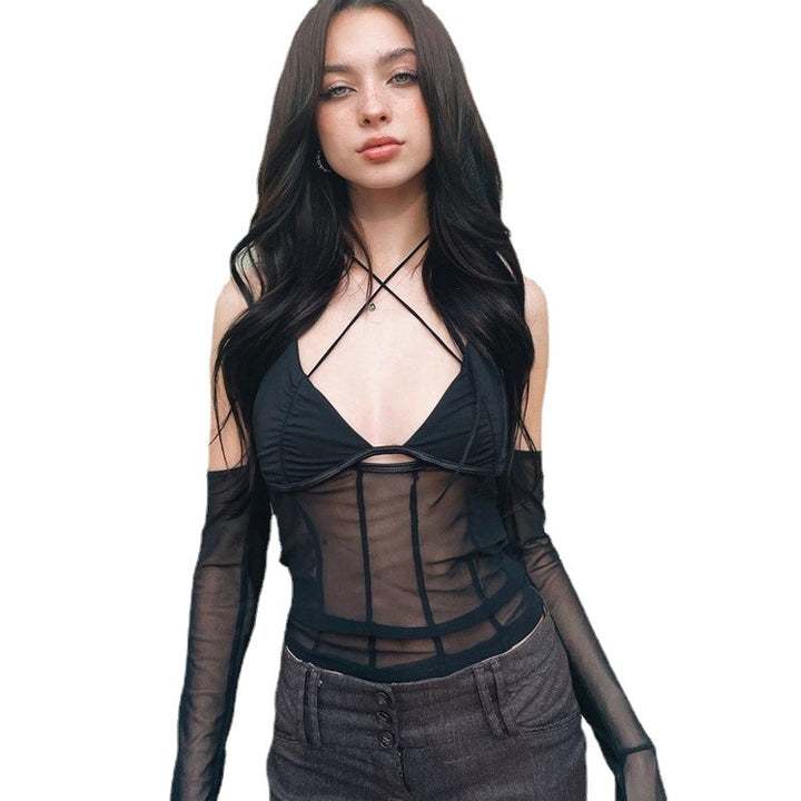 Damen Crop-Top mit transparentem Design und raffinierten Rüschenärmeln Echo Archiv