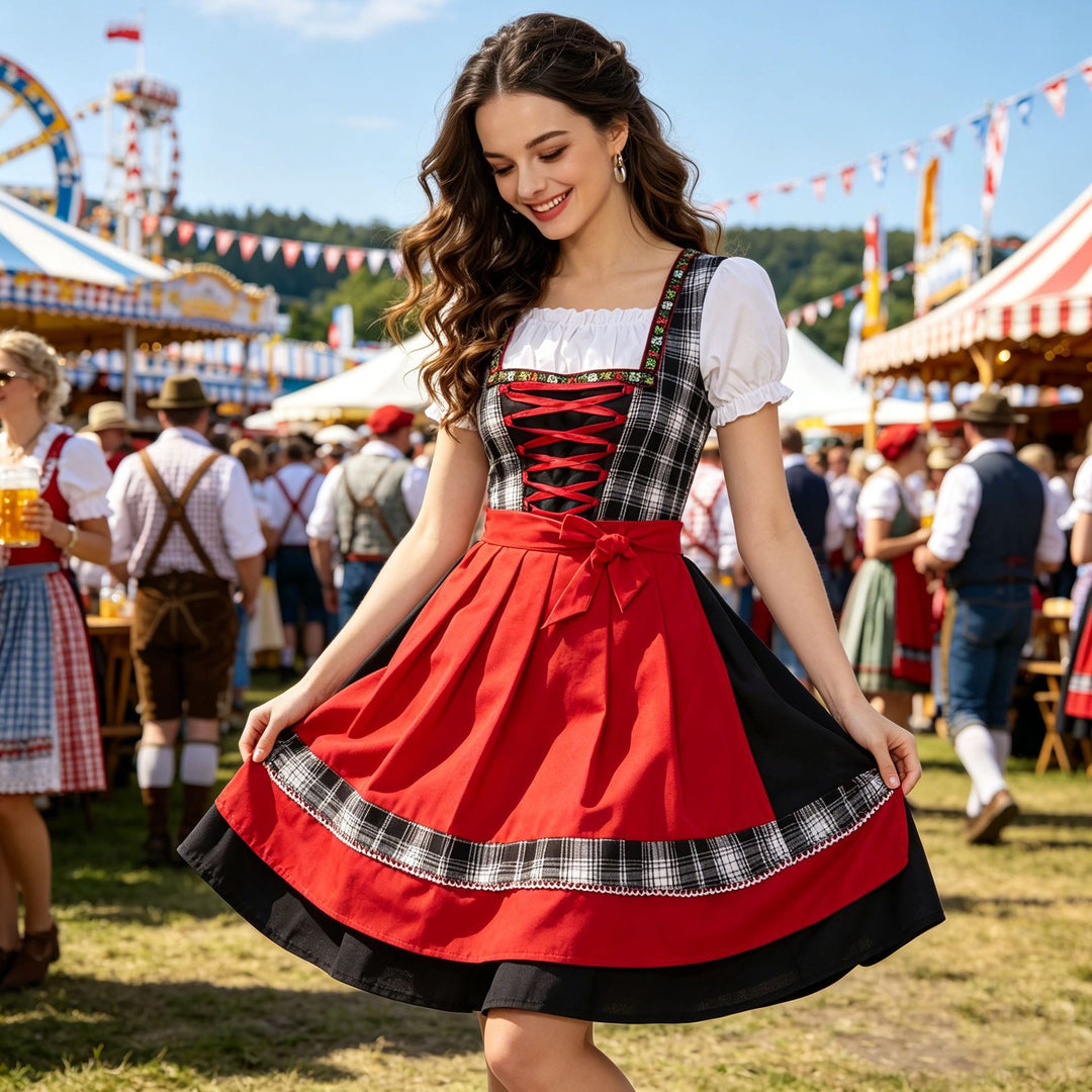 Damen nan klassisches Dirndlkleid mit Schnürmieder, Puffärmeln und knielanger Schürze Echo Archiv