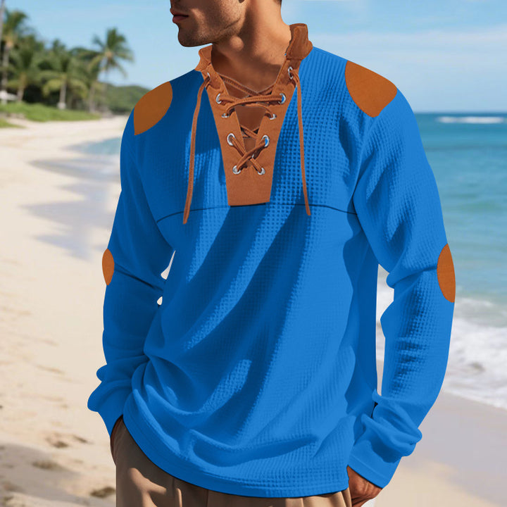 Herren lässiges Langarm-Henley-Shirt mit ausgefallenem Schnürdesign und kontrastrierenden Ellenbogen-Patches Echoarchiv