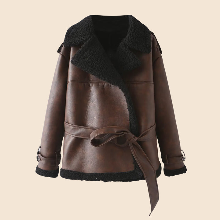Damen Taillierter Aviator-Mantel aus Kunstleder mit Teddyfutter und Bindegürtel Echo Archiv