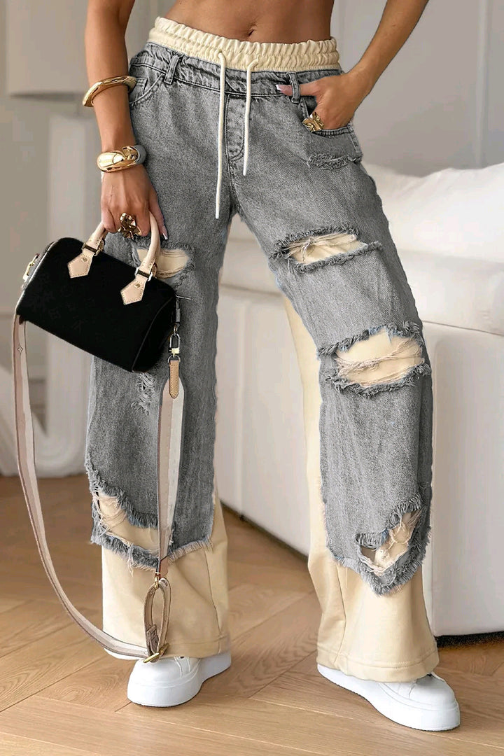 Damen nan zweilagige Jeans mit aufgesetzten Jeanspaneelen elastischem Tunnelzugbund weitem Bein und vintageähnlichen Rissen Echo Archiv