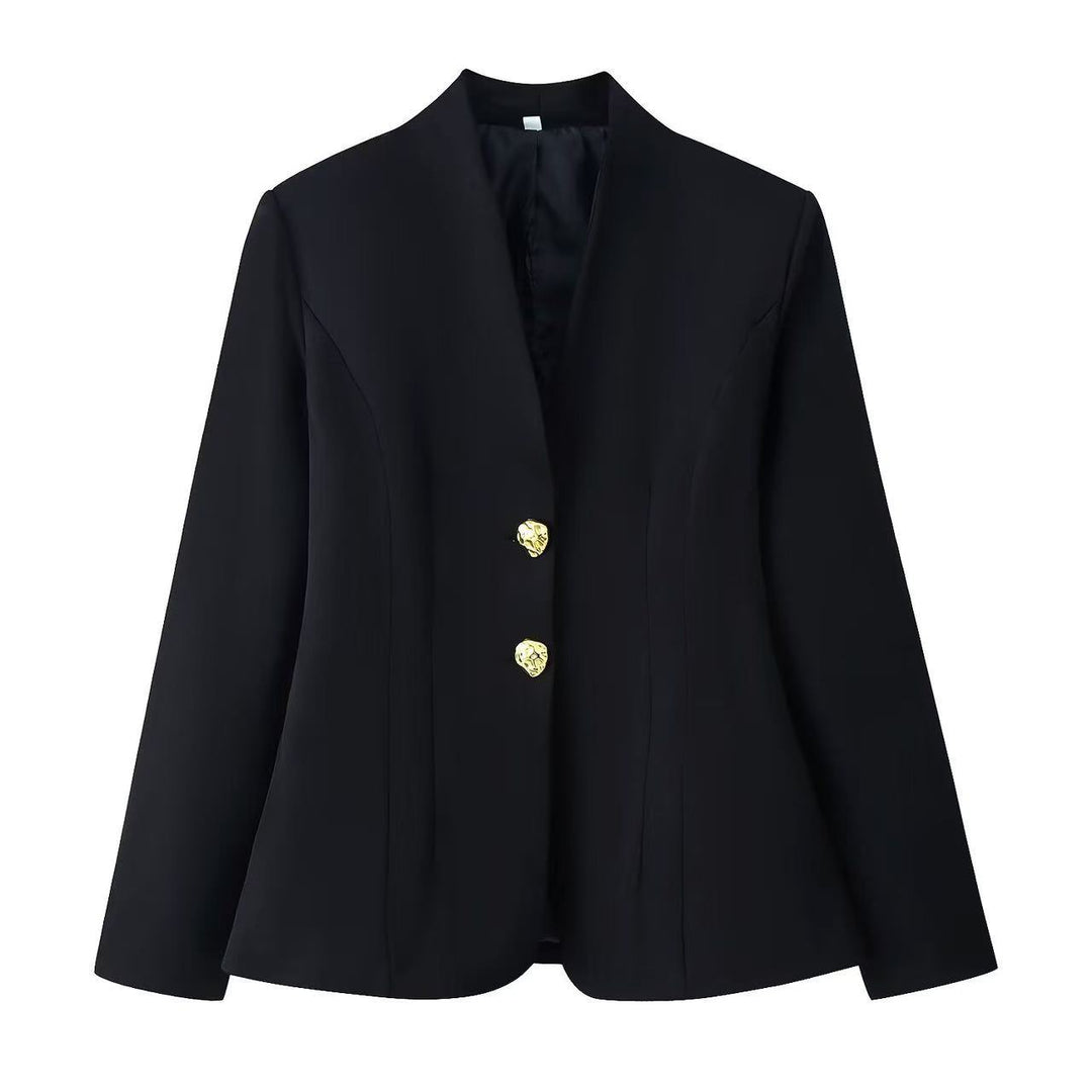 Damen figurnahe Blazerjacke mit Stehkragen, formgebenden Teilungsnähten und goldenen Zierknöpfen Echoarchiv
