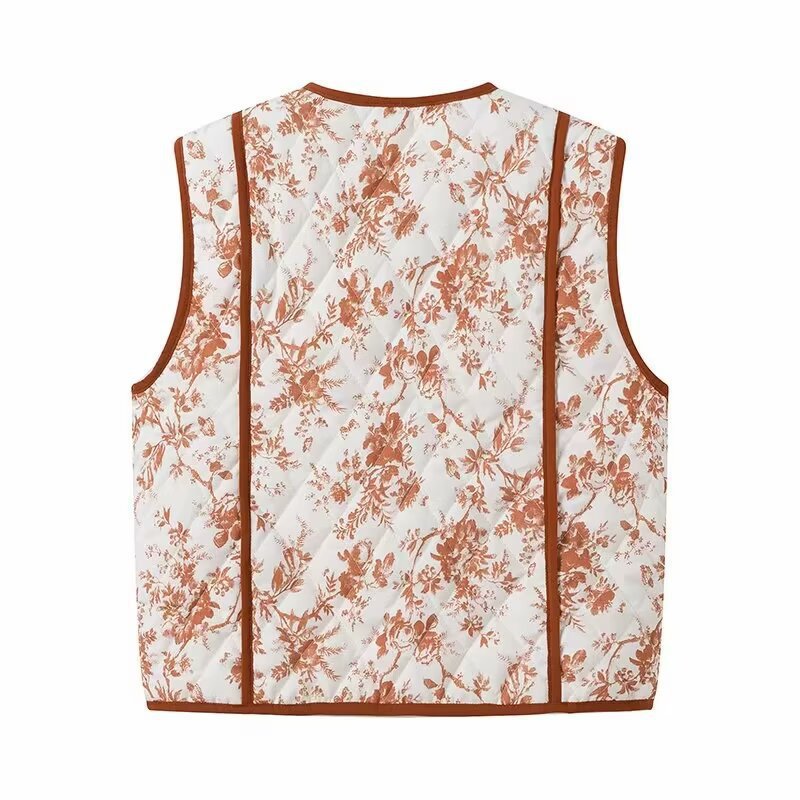 Damen Leicht gesteppte Steppweste mit floralem Print, V‑Ausschnitt und Eingrifftaschen Echo Archiv