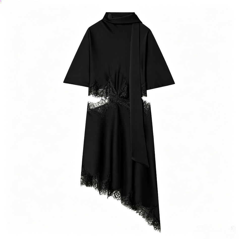 Damen asymmetrisches Cape-Midikleid mit Stehkragen, Schal und zarter Spitzensaum – Élara