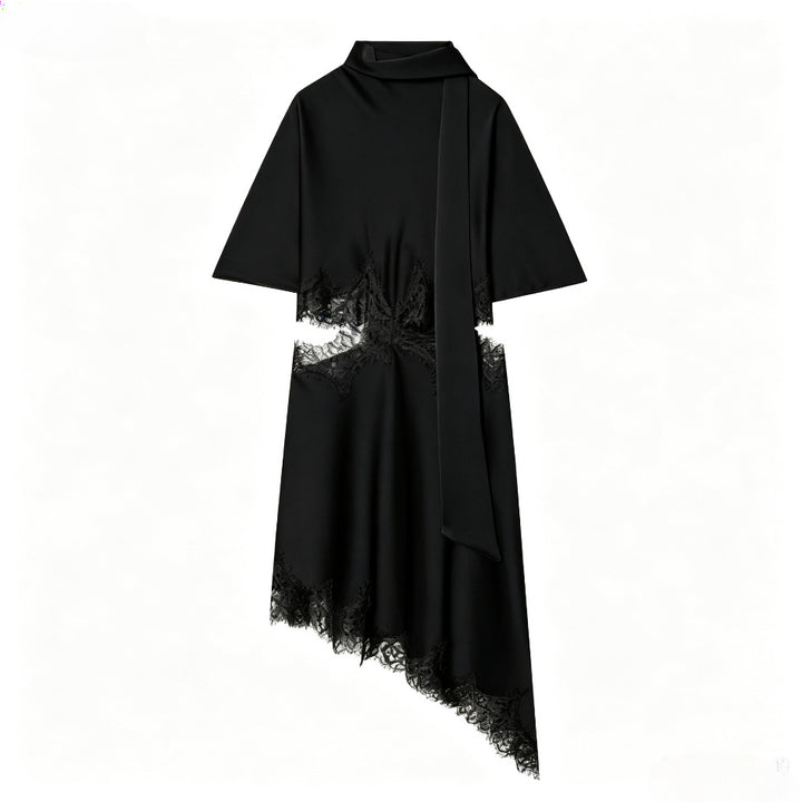 Damen asymmetrisches Cape-Midikleid mit Stehkragen, Schal und zarter Spitzensaum – Élara