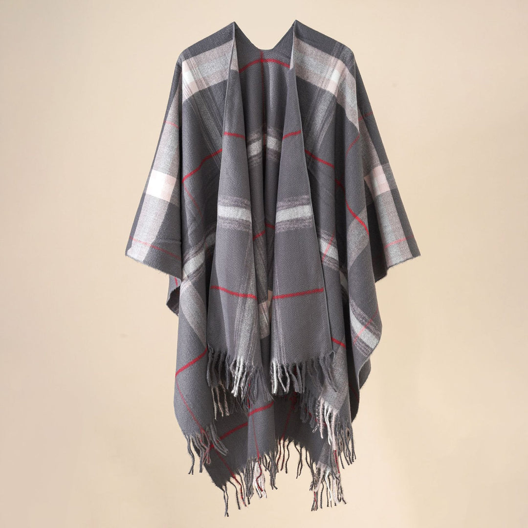 Damen Weit geschnittener Karierter Poncho mit Fransen und V‑Ausschnitt – Avérine