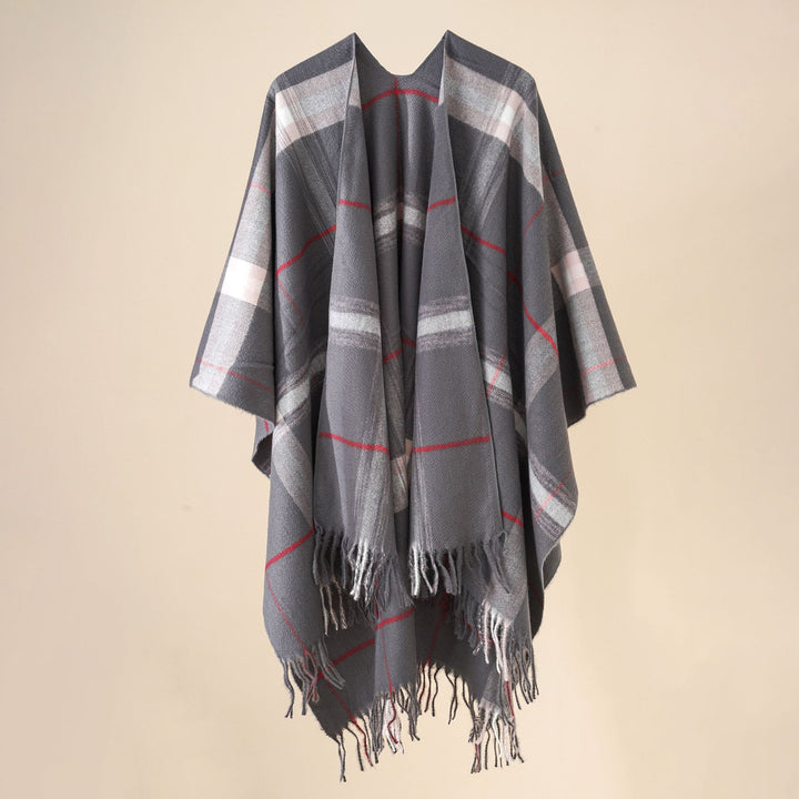 Damen Weit geschnittener Karierter Poncho mit Fransen und V‑Ausschnitt – Avérine