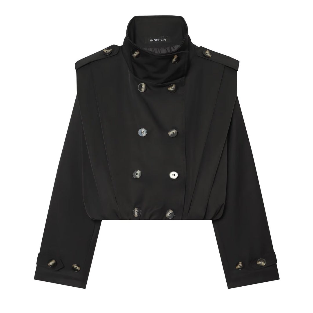 Damen Cropped Trenchjacke im Cape-Look mit doppelreihiger Knopfleiste und hohem Stehkragen Echoarchiv