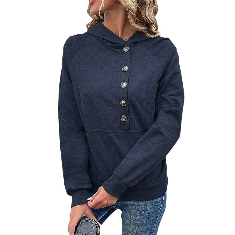 Damen Kapuzenpullover mit Zierknopfleiste, Raglanärmeln und Kängurutasche Echoarchiv